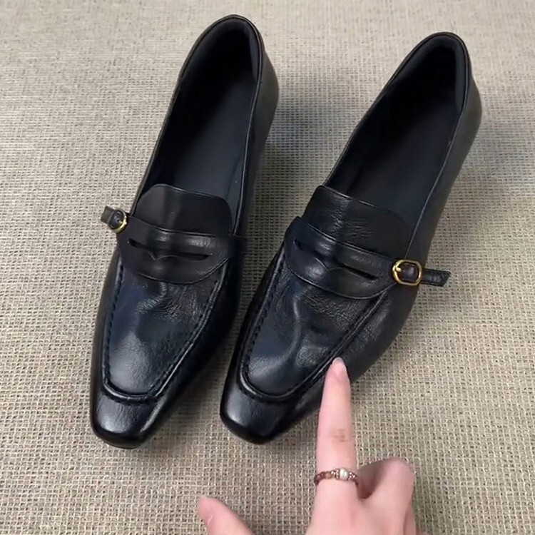 In-Stock Instant Shipping French Retro Genuine Leather Versatile Black Slip-On Women's Loafers with Square Toe and Simple Chunky Heel In-Stock Instant Shipping French Retro Genuine Leather Versatile Black Slip-On Women's Loafers with Square Toe and Simple Chunky Heel
