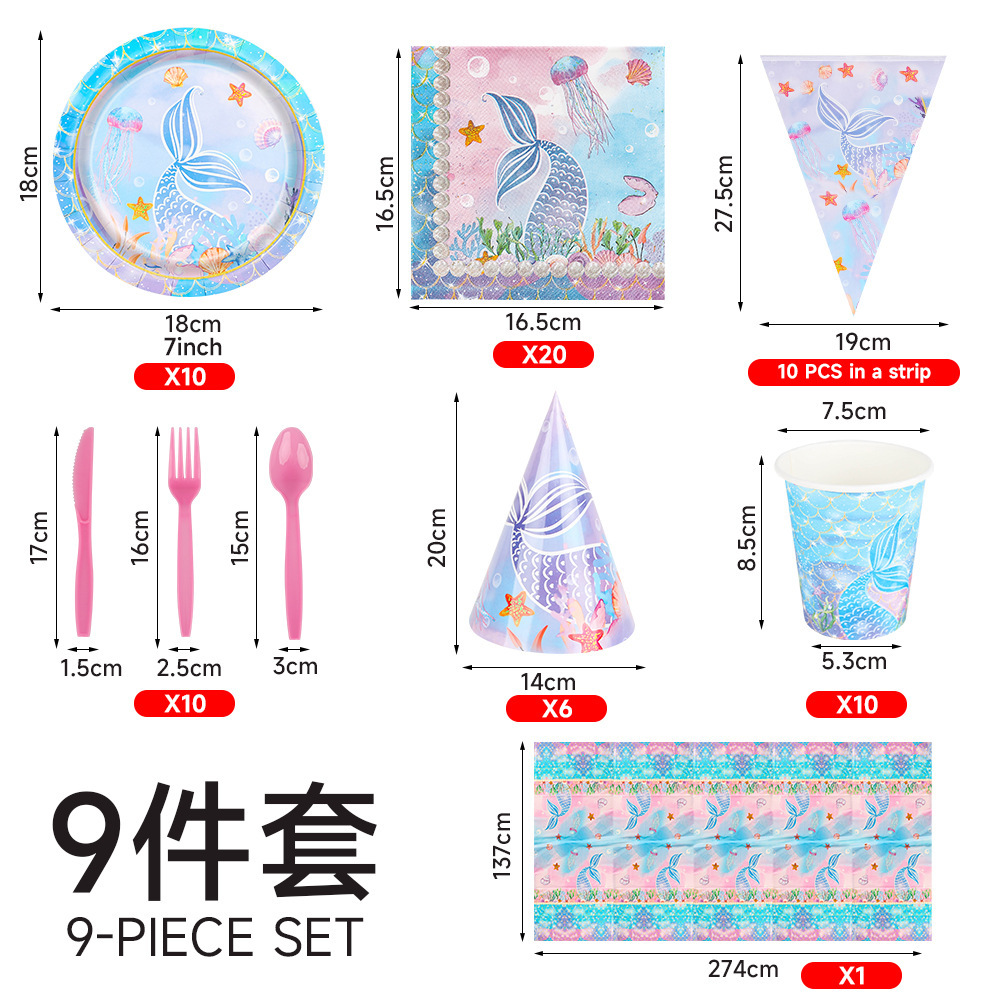 Nuevo juego de vajilla de fiesta con tema de sirena marina de verano, bandeja de papel desechable, cuchillo, tenedor, cuchara, decoración de fiesta