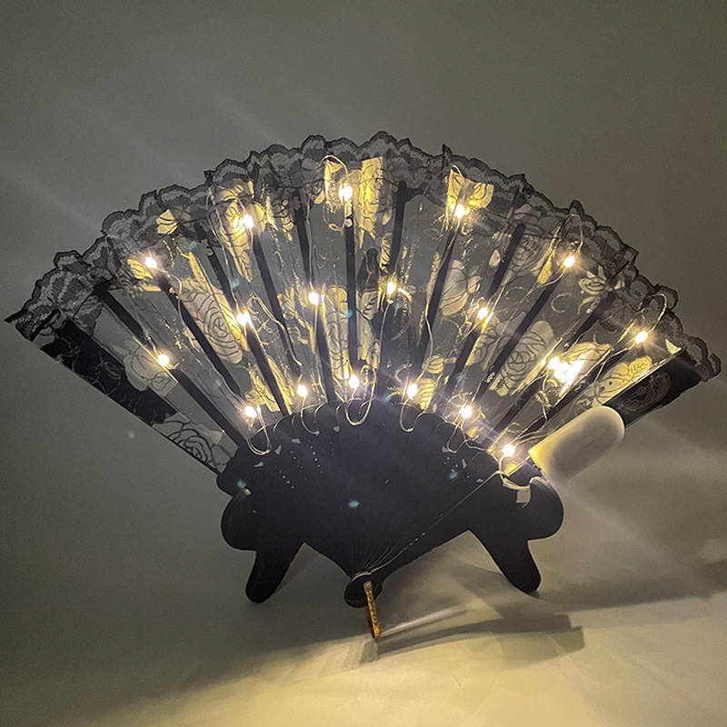 #593-2 7寸-6V双功能-发光玫瑰蕾丝扇黑底暖白色