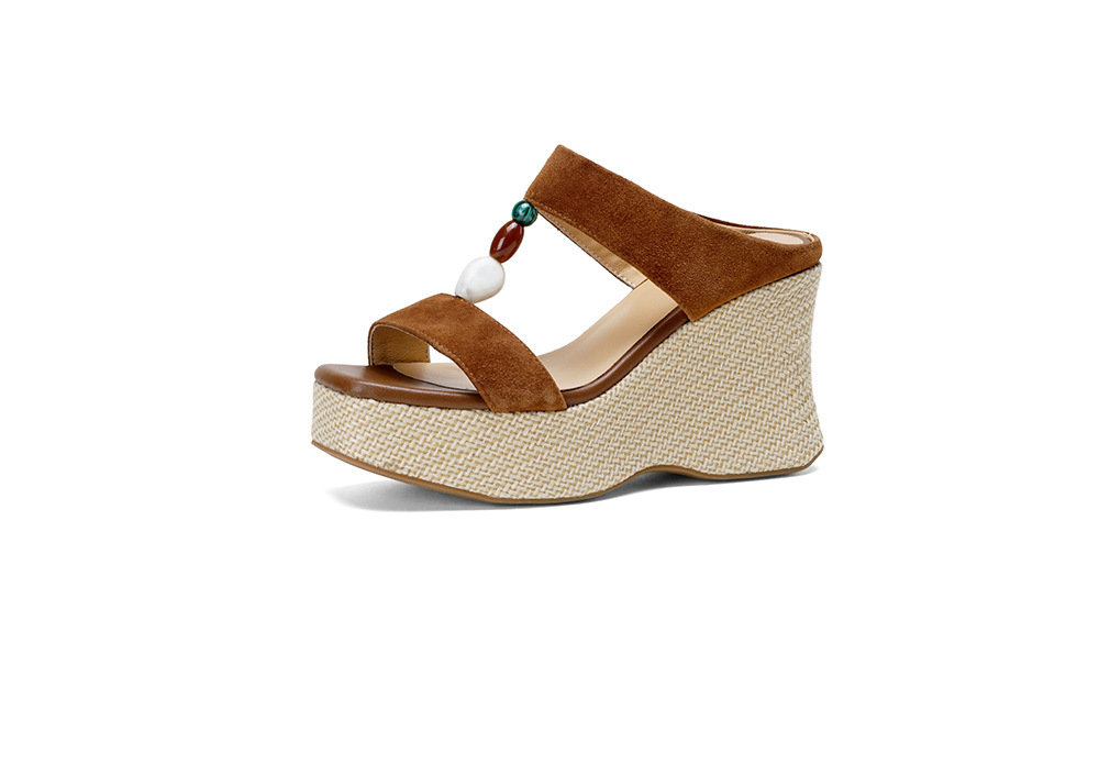 Sandal cao gót nữ hở mũi đế xuồng đan rơm gót 10 cm — màu nâu, màu mơ chi tiết 21