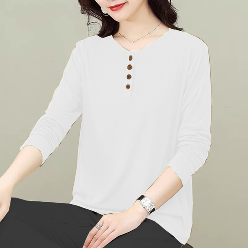Women's Loose Fitting Crew Neck T-Shirt with Button - New Fall Collection, Large Size, Casual and Literary Style, Long Sleeve Top, Trendy and Slimming