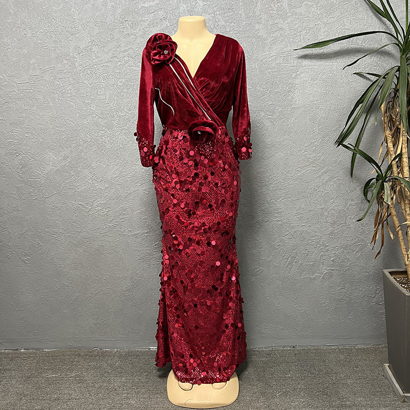 Damenbekleidung Mode schlanke Samt Pailletten Abendkleid Kleid_voghion.com
