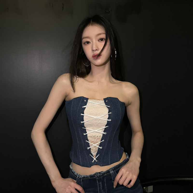 European and American style 2024 autumn new women's fashion lace cross strap design chest wrap slim Denim small vest