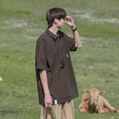Japanese-style Polo shirt, men's trendy brand fashion shirt, T-shirt with American vintage workwear-inspired oversized design