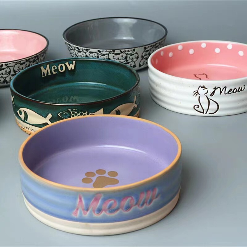 Hand-Painted Cute High-Value Ceramic Pet Bowl, Cat Bowl, Dog Bowl, Water Bowl, Snack Bowl, High-Leg Neck Protector, Slight Flaws