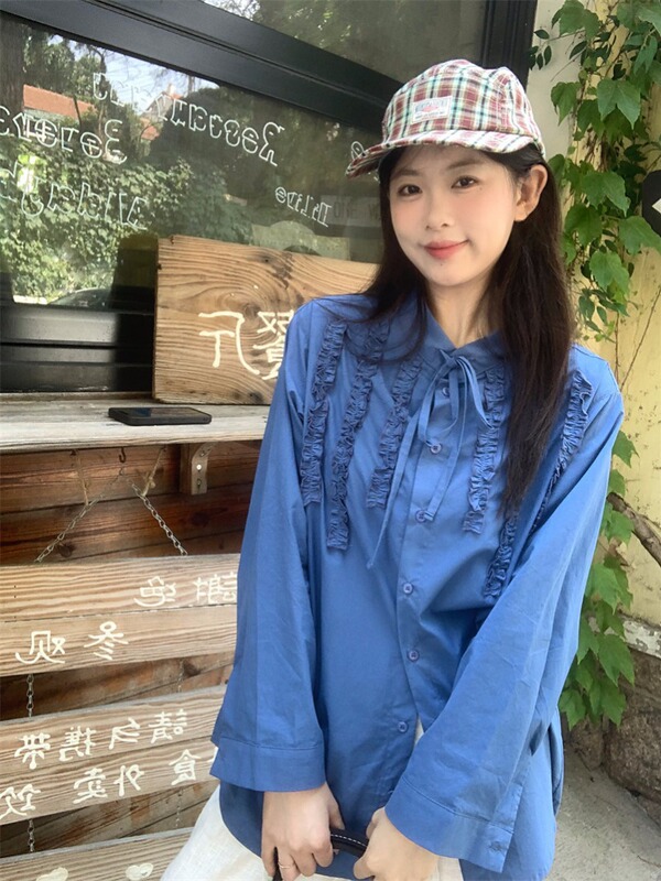 Wholesale Supply: Irregular Patchwork Lace Detail Drawstring Collar Shirt Top Wholesale Supply: Irregular Patchwork Lace Detail Drawstring Collar Shirt Top