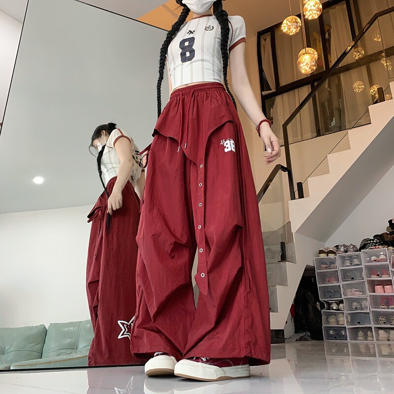 American hip-hop style quick-dry wide-leg pants for women, summer straight-leg buttoned cargo pants with rear flap, parachute-style tactical pants