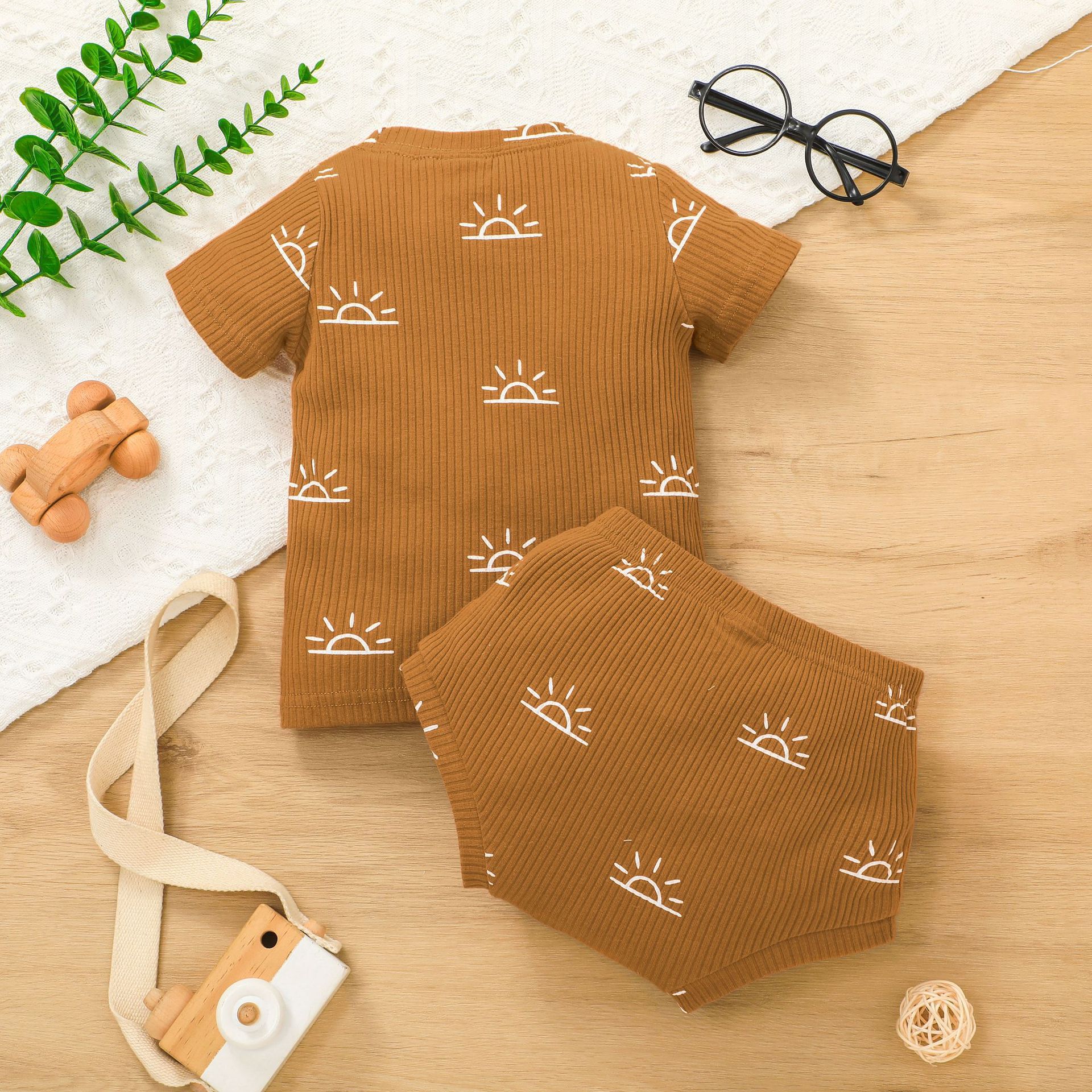 Summer Baby Pit Strip Short-sleeved Romper Set Casual Solid Color Baby Briefs Two-piece Set display picture 4