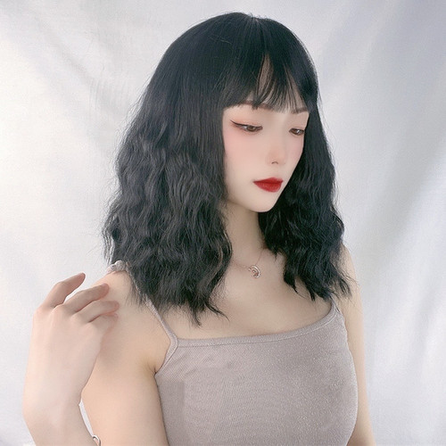 Wig female blue gray short curly hair Internet celebrity air bangs playful and cute egg roll head natural realistic short hair set