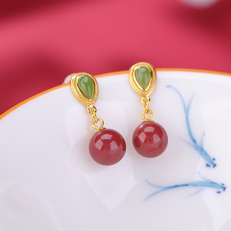Khuyên tai nữ bạc S925 mạ vàng đính đá jasper hạt tròn hình giọt nước — Một cặp