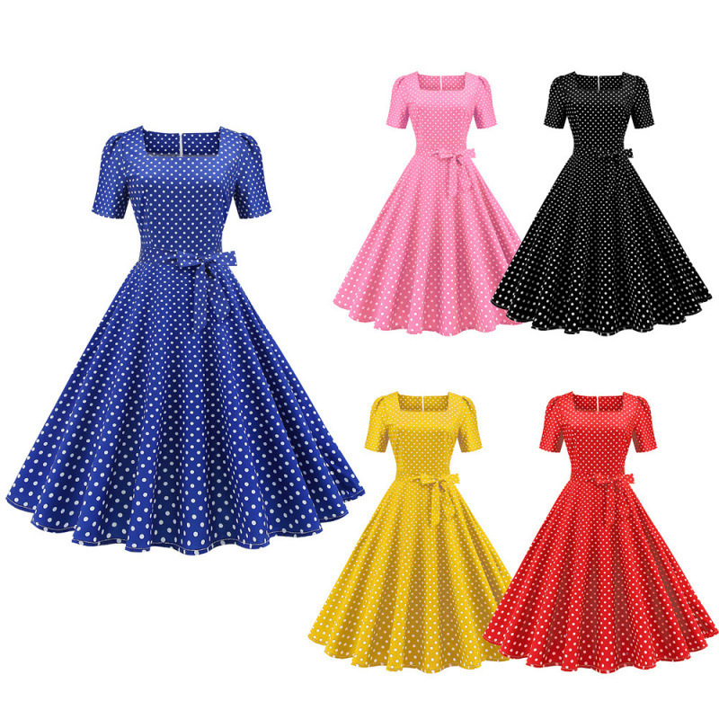 2021 New Casual Short-sleeved Square Collar Slim-fit Retro Small Polo Dot Printed dress with Belt