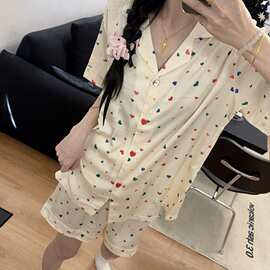 冰雪丝短袖短裤彩色桃心宽松舒适凉爽透气家居服套装