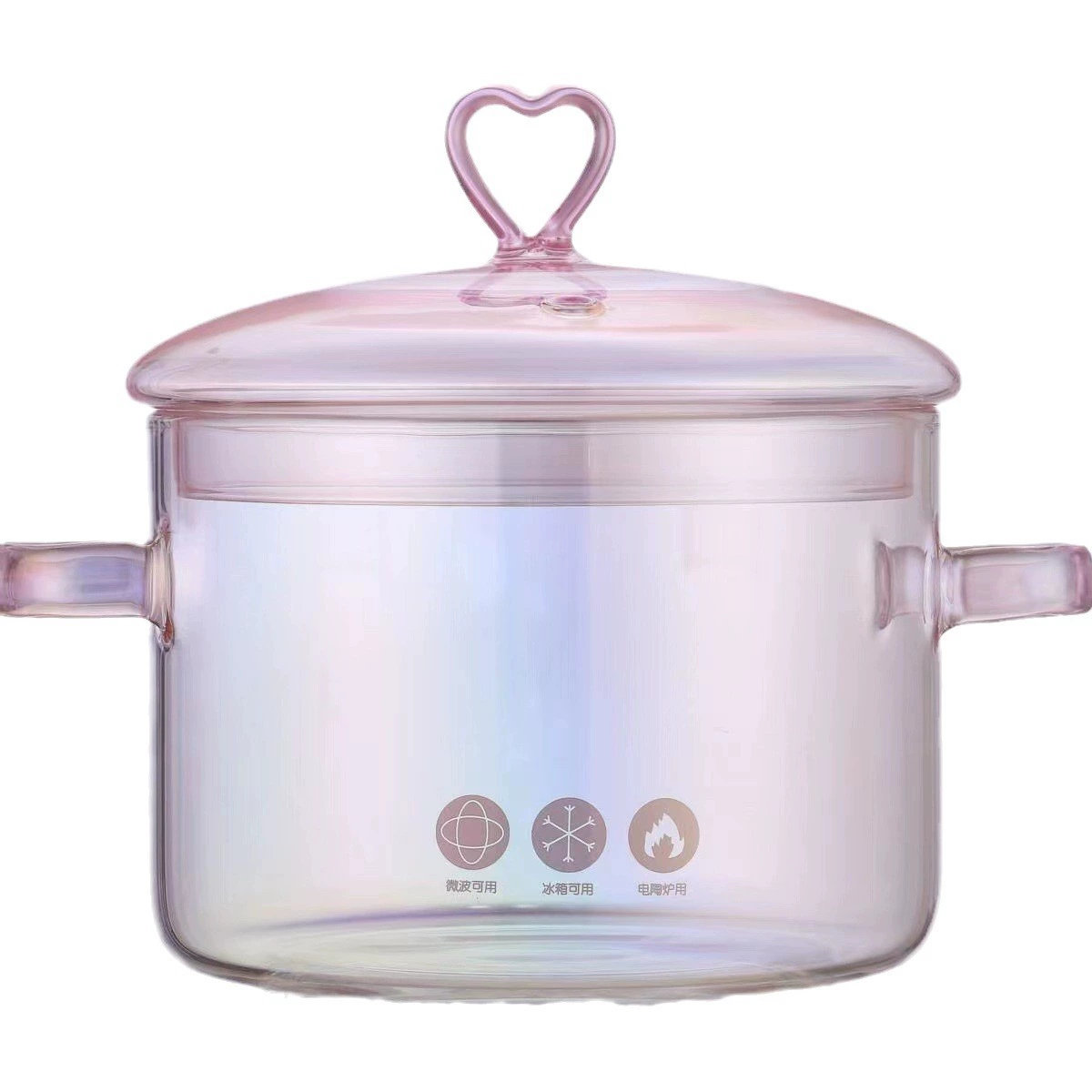 Стеклянная стеклянная кастрюля для тушения Borosilicate 1500 мл, розовая с крышкой‑ с ручкой в форме сердца