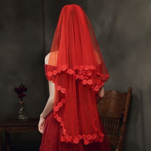 Red Veil Brides' Main Wedding Dress Long Version Xiaohuo Dress Red Covering Wedding Short Lace Chinese Retro Style Net Fabric