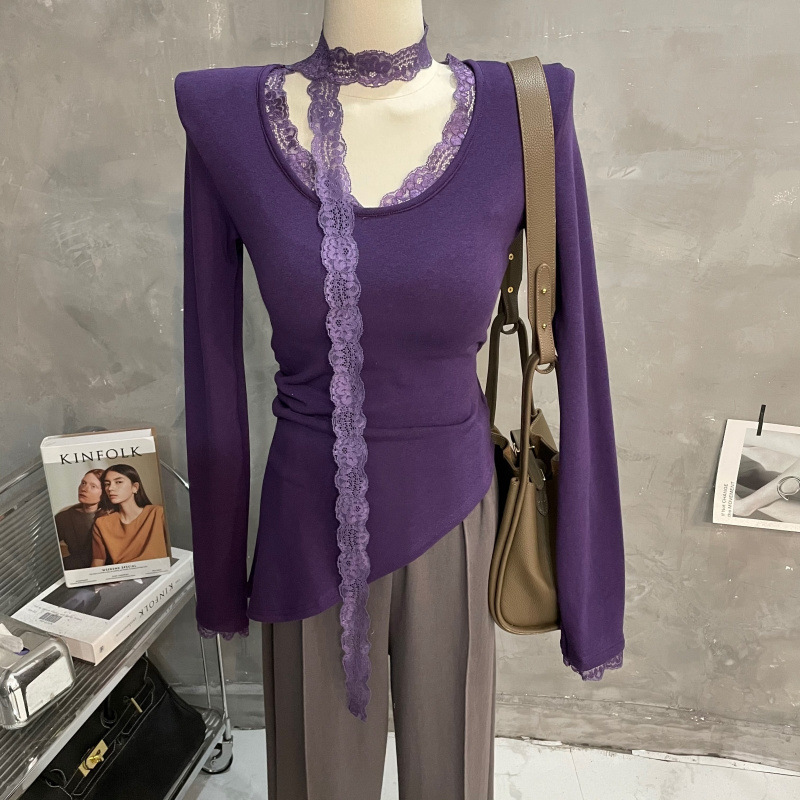 Temperament pure desire ~ fleece-lined lace ribbon neck top women's slim long sleeve bottoming shirt irregular inner fall and winter