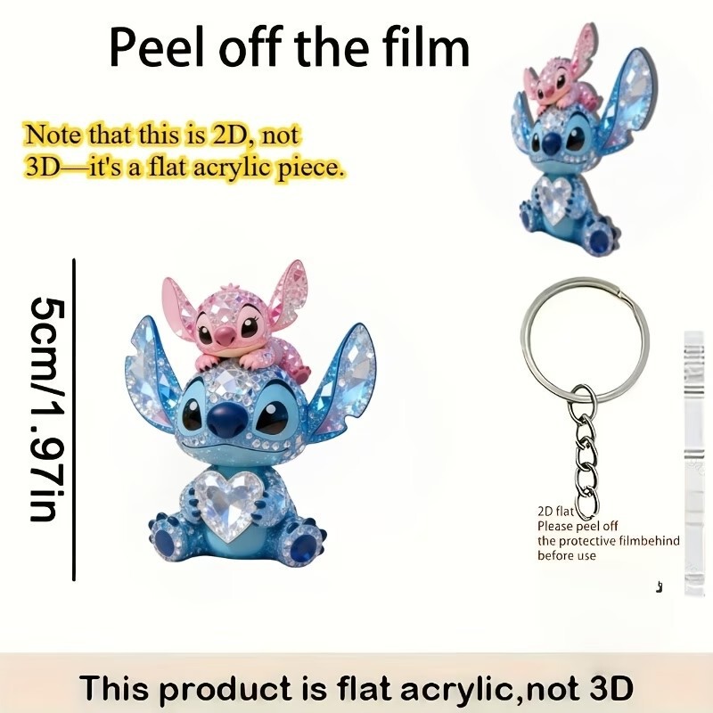 2D Flat 1Pc Disney Stitch and Angel Multifunctional Decorative Flat Acrylic Keychain Pendant