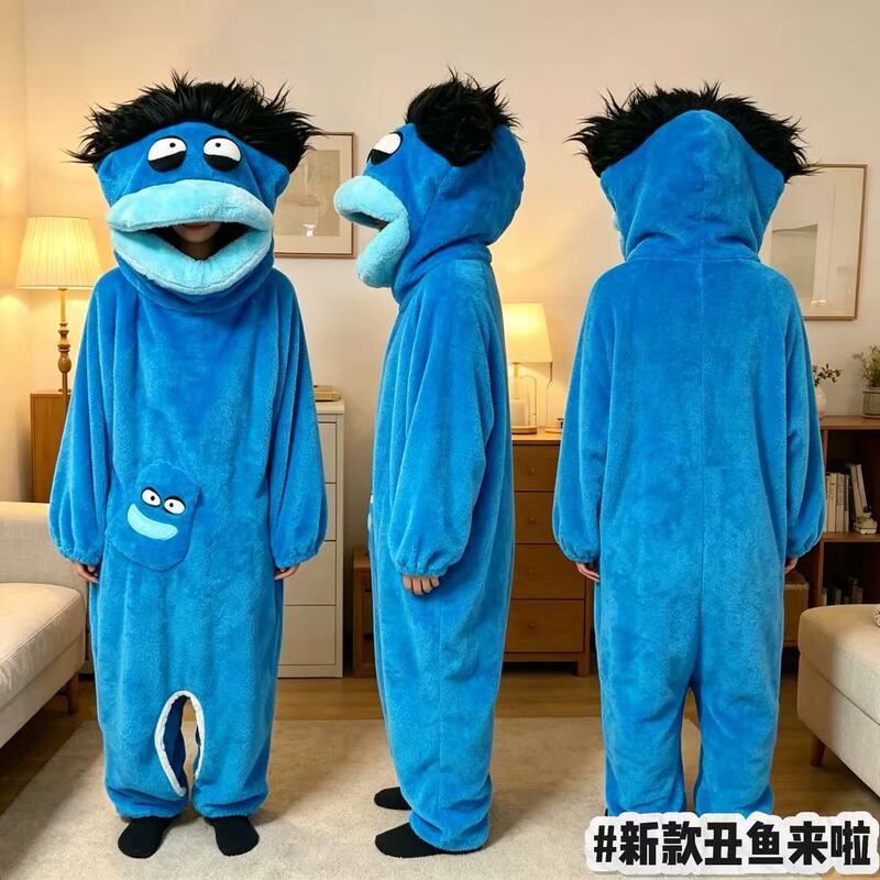 Big-Mouthed Fish Funny Ugly Fish Couple's Pajamas for Women, Winter Coral Fleece Thickened Fleece Sleepwear, Men's One-Piece Loungewear