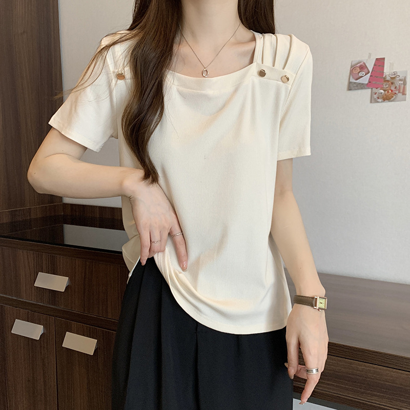 2024 Summer belly-covering square collar shoulder short-slee..