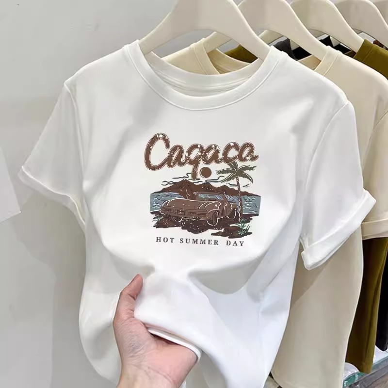Áo thun nữ cổ tròn in hình cây dừa, chất cotton mềm mại, form suông thoải mái — Màu đen chi tiết 2