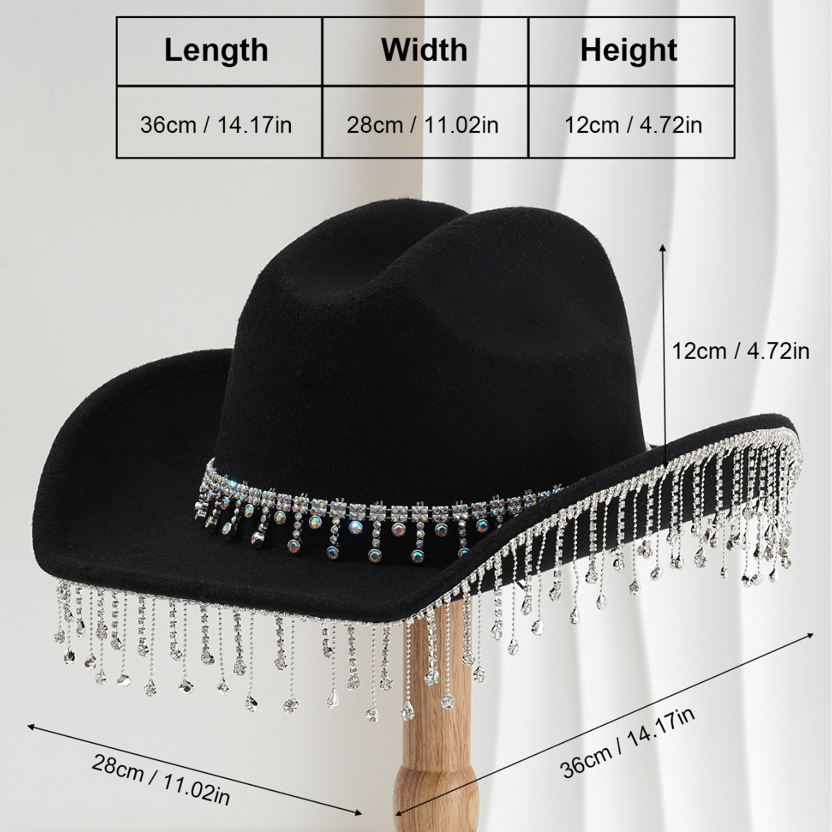 Cappello da cowboy western neutro unisex da donna con catena media Drop Jewel e nappa di strass, cappello a cilindro da sposa_voghion.com