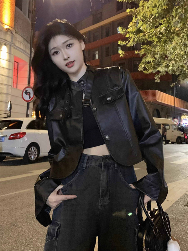 复古港风PU皮衣外套女秋季高街辣妹百搭休闲短款机车服夹克上衣潮|undefined
