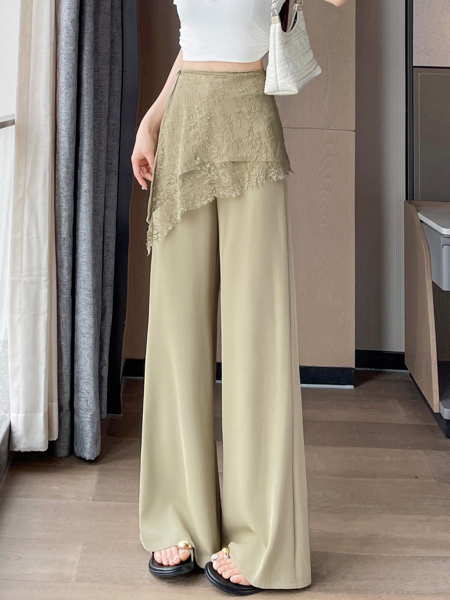 Quần culottes nữ ống rộng cạp cao ren eo phong cách Hàn Quốc — màu đen