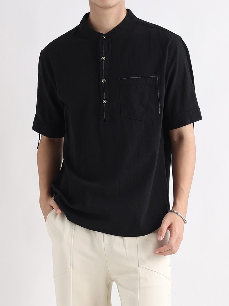 Camisa de media rebeca con cuello Henry, camisa de hombre de manga corta de algodón con cuello alto, camisa casual de marca de moda de verano para hombre suelto, verano para hombre