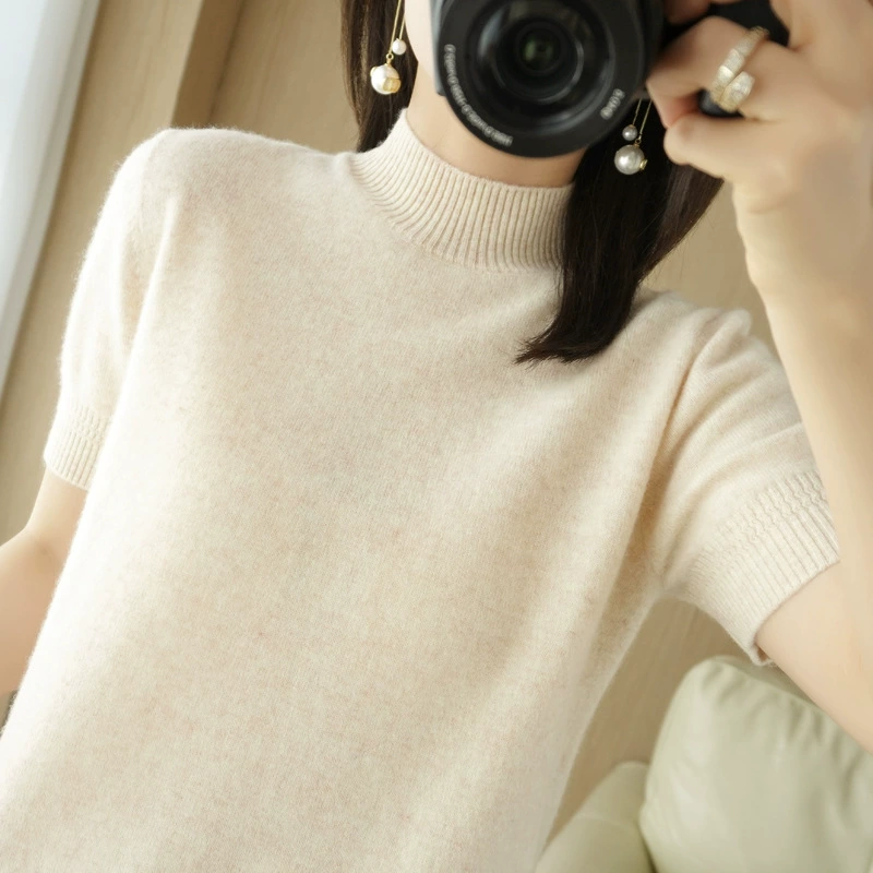 Новый весенне-летний вязаный приталенный пуловер с короткими рукавами, маленький питательный для кожи пуловер с полувысоким воротом, элегантная Базовая рубашка для похудения для женщин