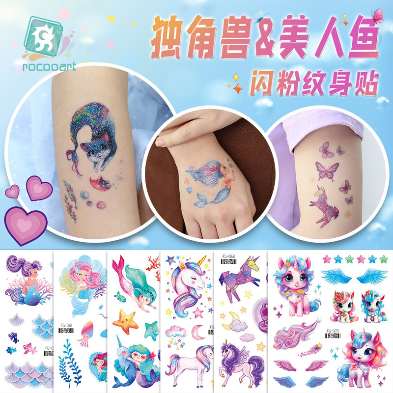 Ruikalong Children's Waterproof Fresh Style Glitter Mermaid Children's Tattoo Stickers Unicorn Temporary Paintings