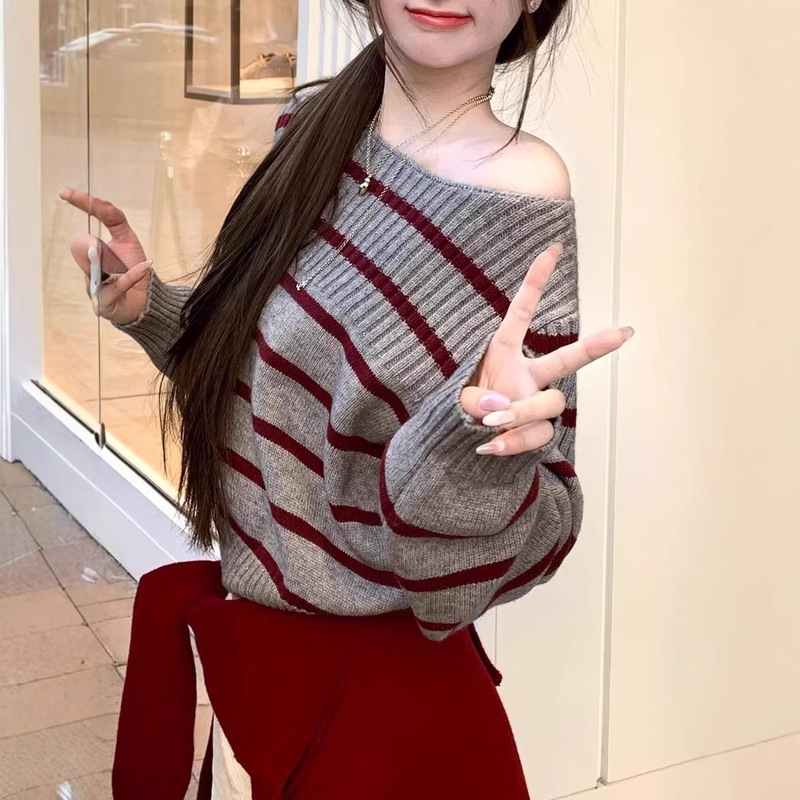 Romantic Collector 2025 Autumn Korean Style Sweet Wide Collar Top Striped Contrast Color Short Sweater