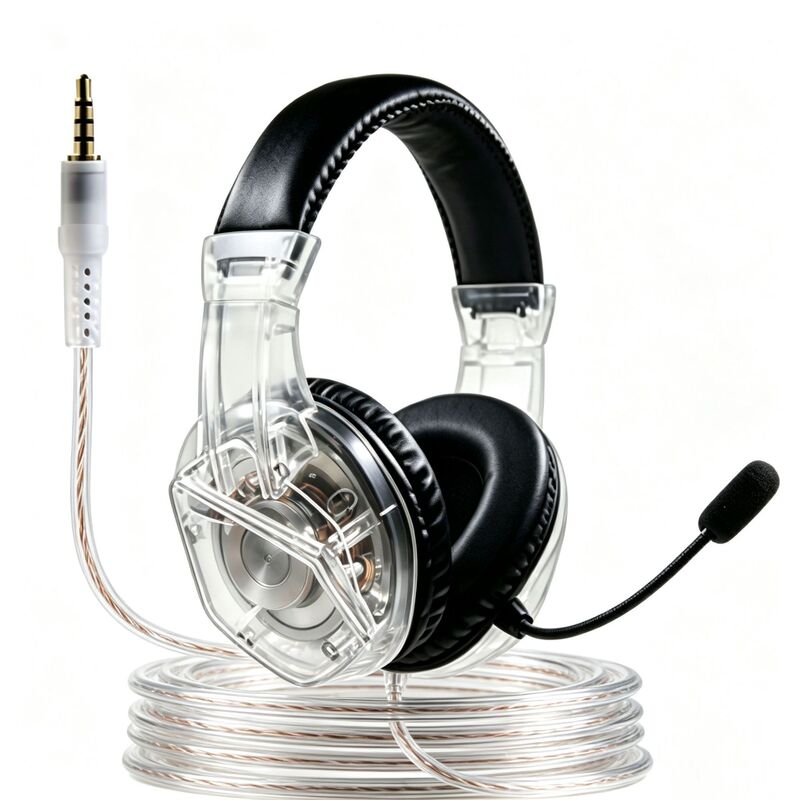 Popular Transparent Luminous Gaming Headphones, Computer Headphones, Over-Ear E-Sports Heavy Bass Live Streaming Wired Headphones with Microphone