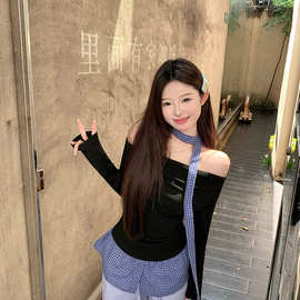 假两件格子长袖t恤女秋冬纯欲辣妹一字肩飘带挂脖上衣打底衫内搭