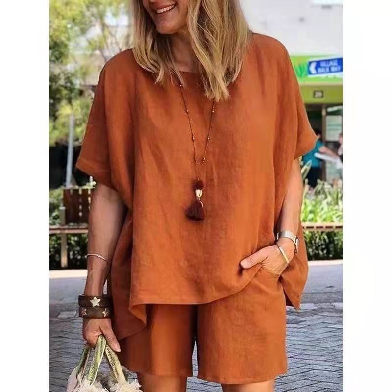 Amazon Cross-Border 2022 Spring and Summer New Suit Fashionable Loose Short-Sleeved Shorts Cotton and Linen Two-Piece Set