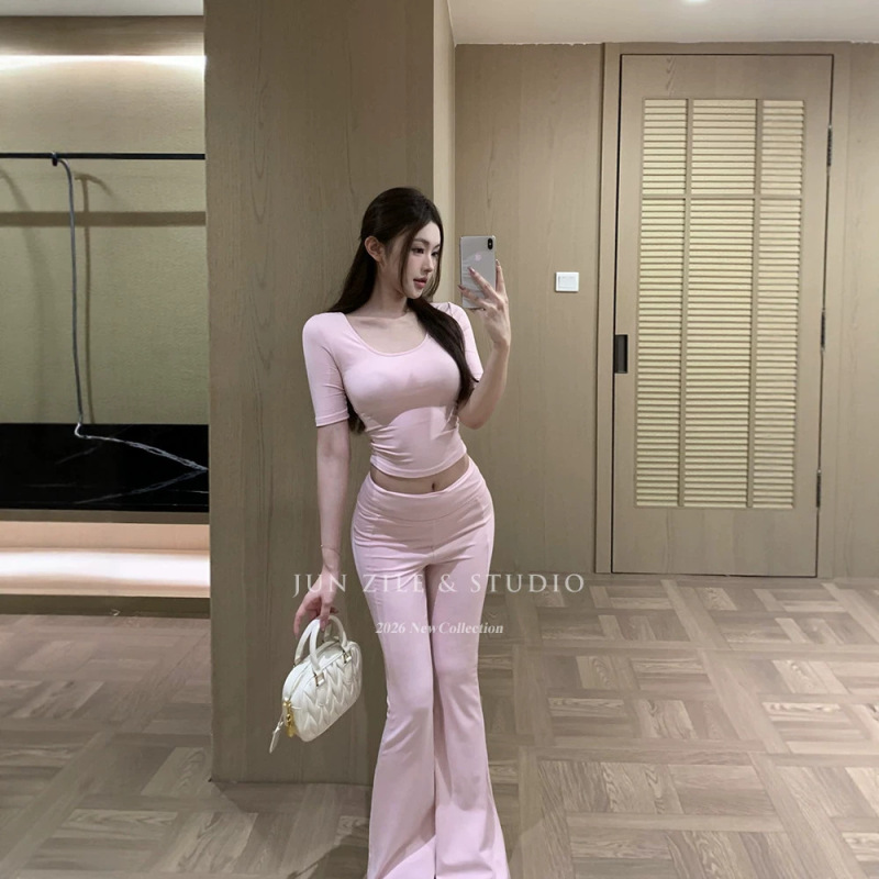 Casual Suit for Women, Summer U-Neck Top, Hot Girl Slim Fit Short-Sleeved T-Shirt, Yoga High-Waisted Slightly Flared Long Pants