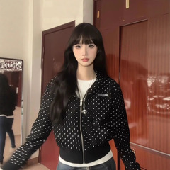 美式复古波点满印连帽短款卫衣女秋季2025新款甜辣妹休闲开衫外套