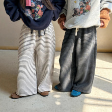 2025冬季新款韩版儿童慵懒风条纹加绒裤裤男童女童百搭抽绳休闲裤