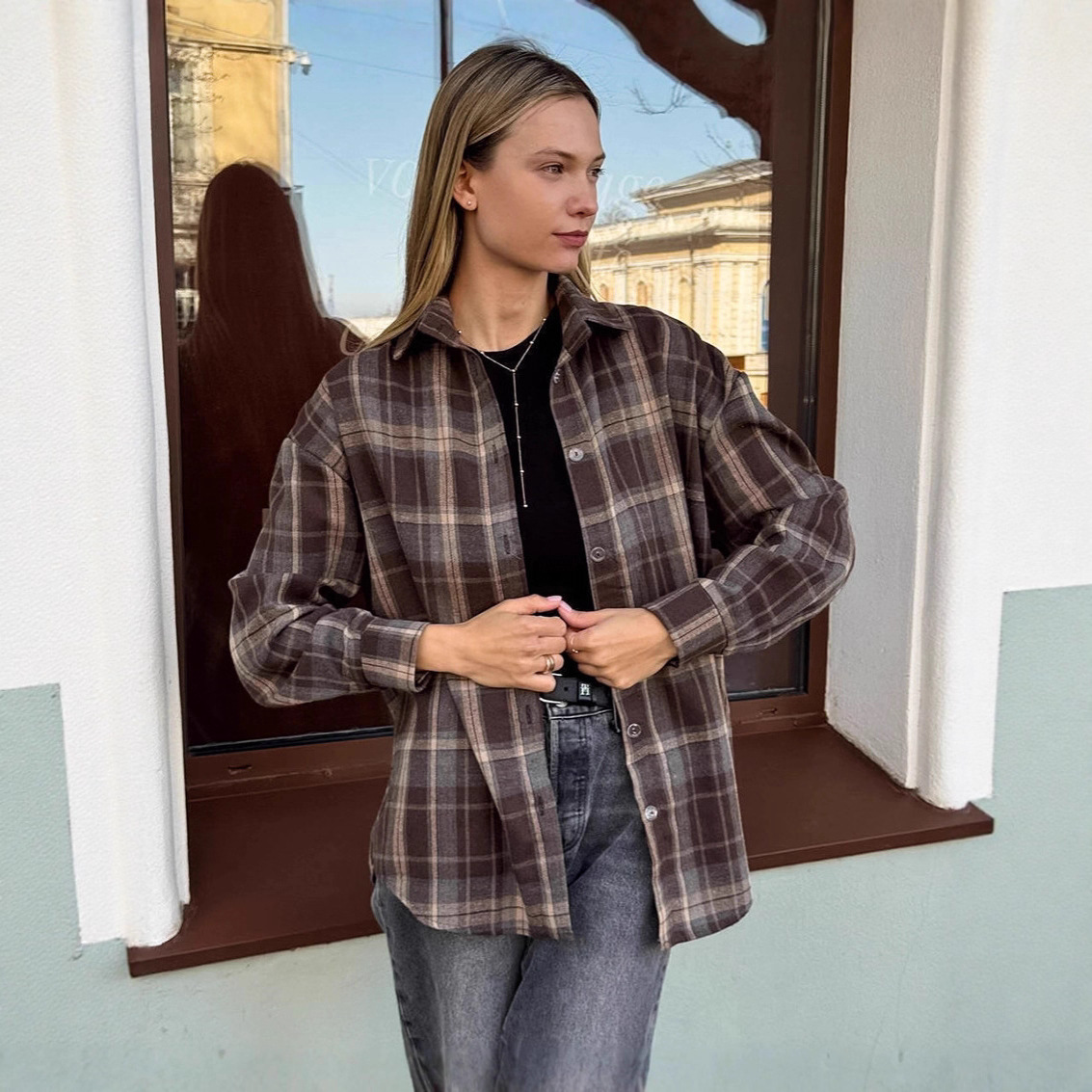 2025 Cross-Border European and American Fashion New Trendy Shirts Independent Station Autumn Tops Turn-Down Collar Mid-Length Plaid Shirts