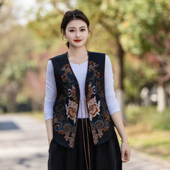 2025新型民族風レトロvネックベルトベスト女性文芸ファッション刺繍サテンジャカードゆったりベスト