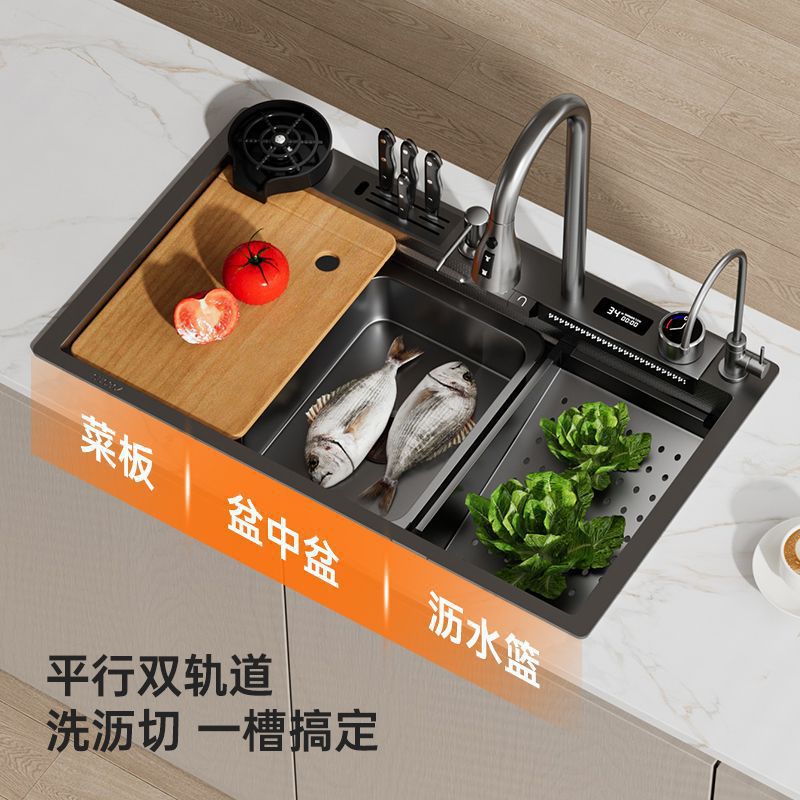 Nuevo modelo de fregadero de acero inoxidable con forma de tiburón con soporte para cuchillos, pantalla digital con botones, fregadero extra grueso para lavar platos, fregadero de cocina grande de una sola cubeta.