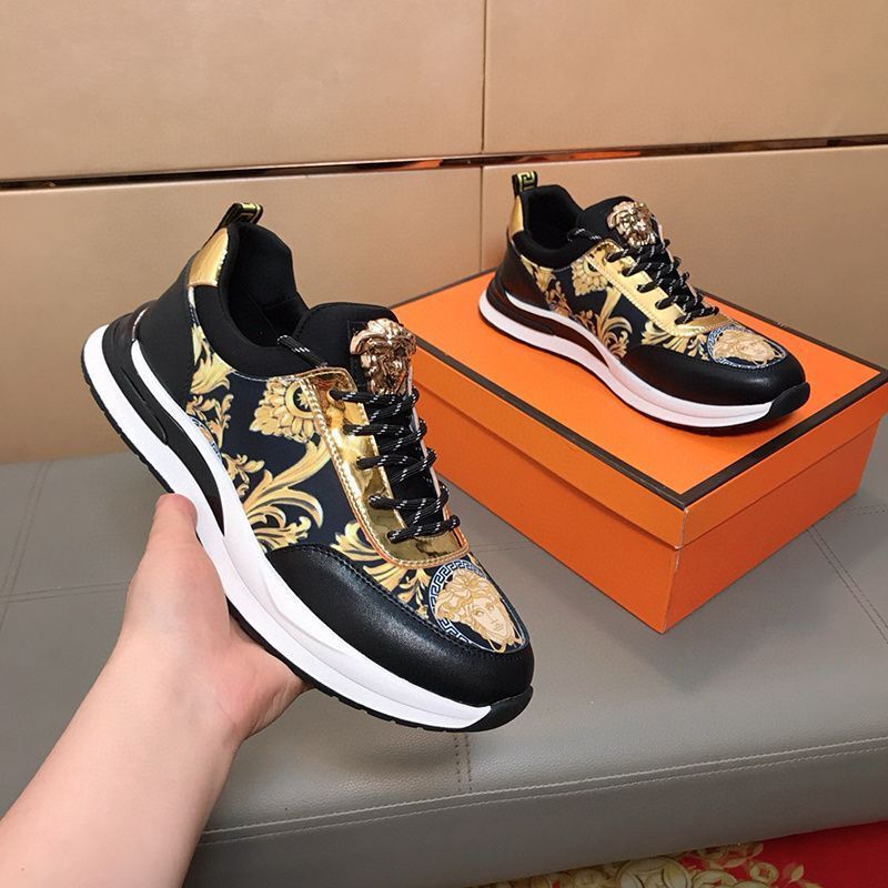 European Men's Trendy Casual Shoes Genuine Leather Printed Versatile Sneakers Beauty Head Thick-Soled Height-Increasing Dad Shoes