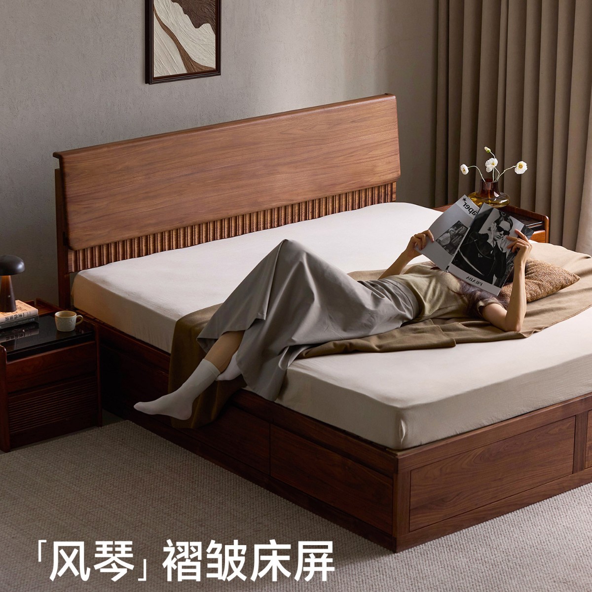 Chongjiang Furniture North American Black Walnut Solid Wood Box Bed Floor-Standing Drawer Bed Bedroom Storage Double Bed Wedding Bed