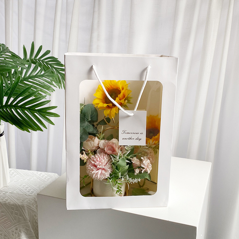 鲜花手提袋透明开窗礼品袋花束玩偶橱窗袋礼物袋七夕母亲节白卡纸