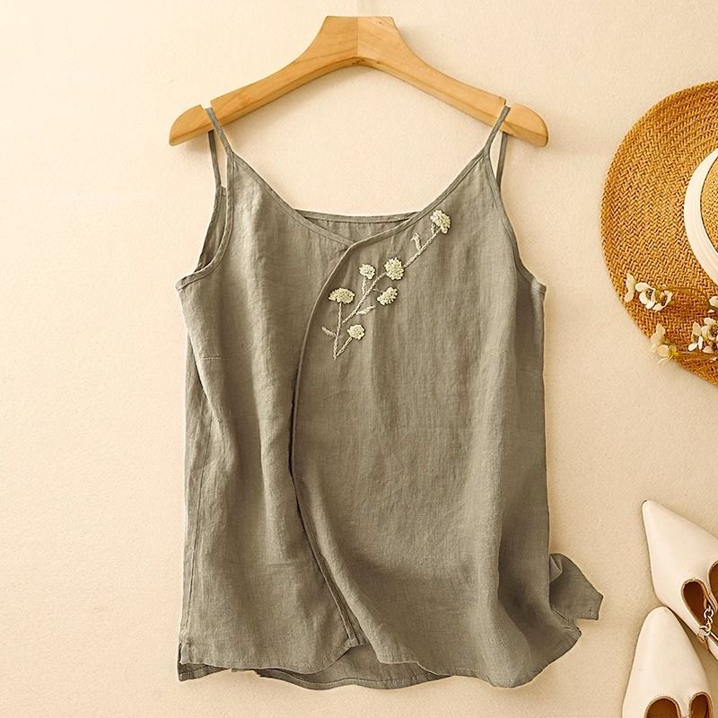 Ethnic Style Embroidered Small Flower Cotton and Linen Vest Small Suspbottomer Women's Summer Outer Wear Cotton and Linen Shirt with Bottoming Top
