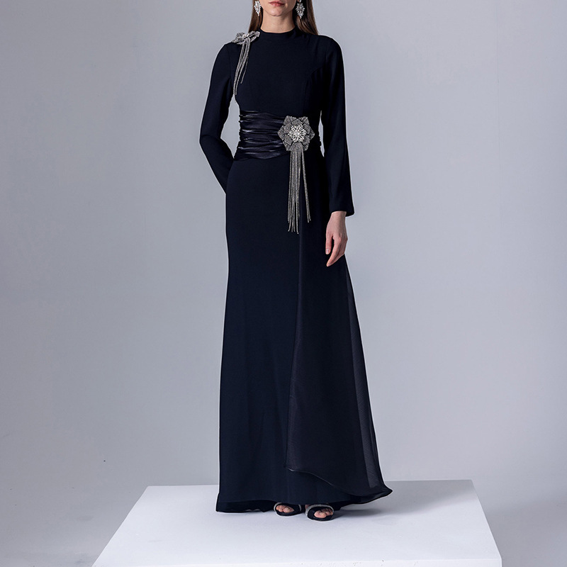 French Retro Dress, Navy Blue Satin Ribbon, Tassel and Diamond-Encrusted Long Skirt, 2026 Summer New Style Women's Dress