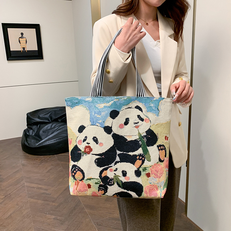 Ethnic Style Canvas Bag Single-Sided Jacquard Gold Embroidery Shoulder Bag Student Commuting Large Capacity Zipper Tote Bag