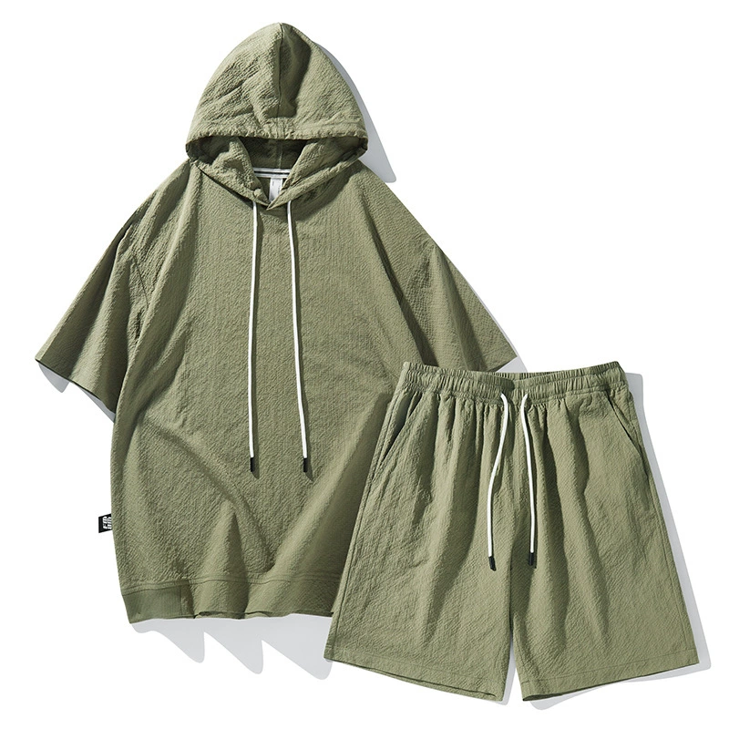 Трансграничная прямая трансляция новых летних мужских костюмов, спортивной одежды, модных американских повседневных шорт из чистого хлопка с короткими рукавами, которые можно открывать двумя способами.