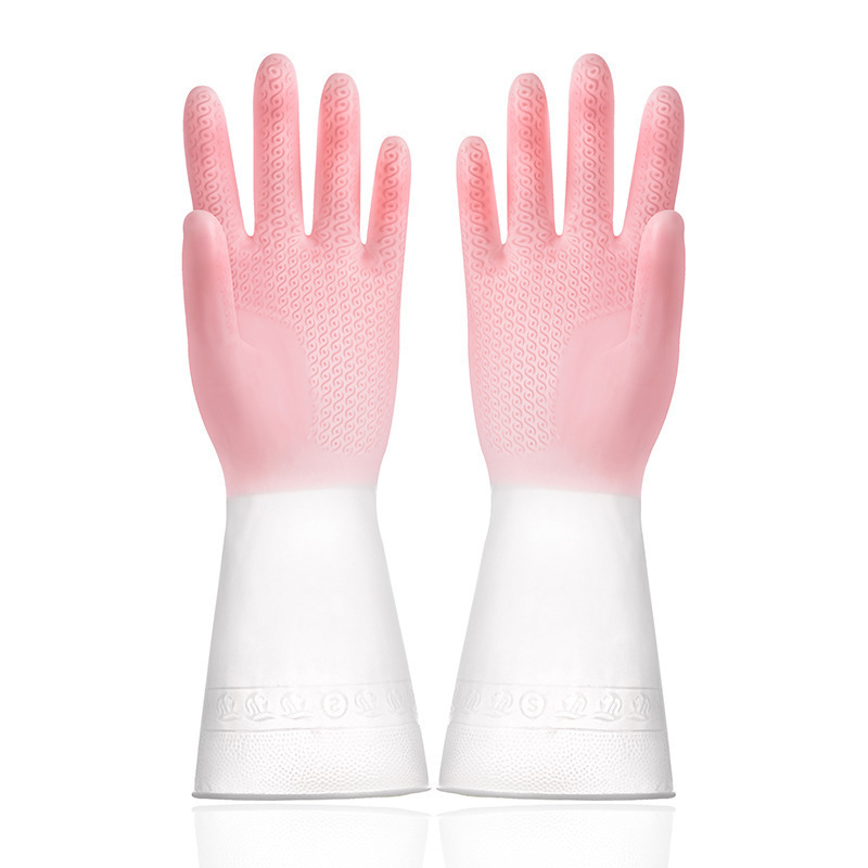 [Con embalaje] guantes de lavado de platos guantes de dos colores de limpieza doméstica cocina cepillo de platos de látex duradero