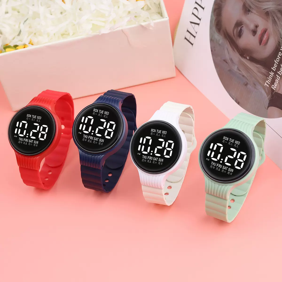 外贸新款时尚LED电子表腕表学生情侣夜光防水户外运动星期电子表