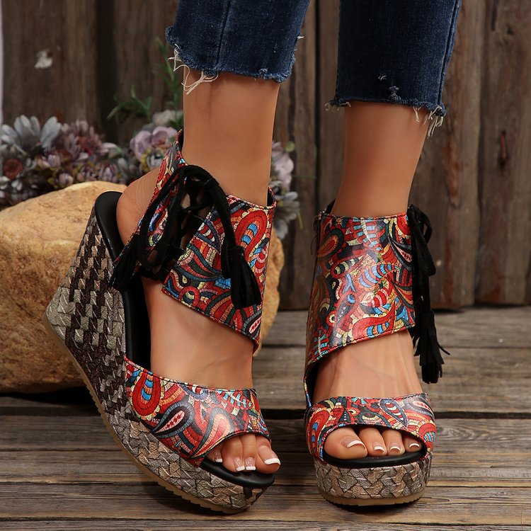 cross-border foreign trade plus size european and american wedge 2025 summer new tassel high heel peep toe platform muffin leopard print sandals women Specification drawing