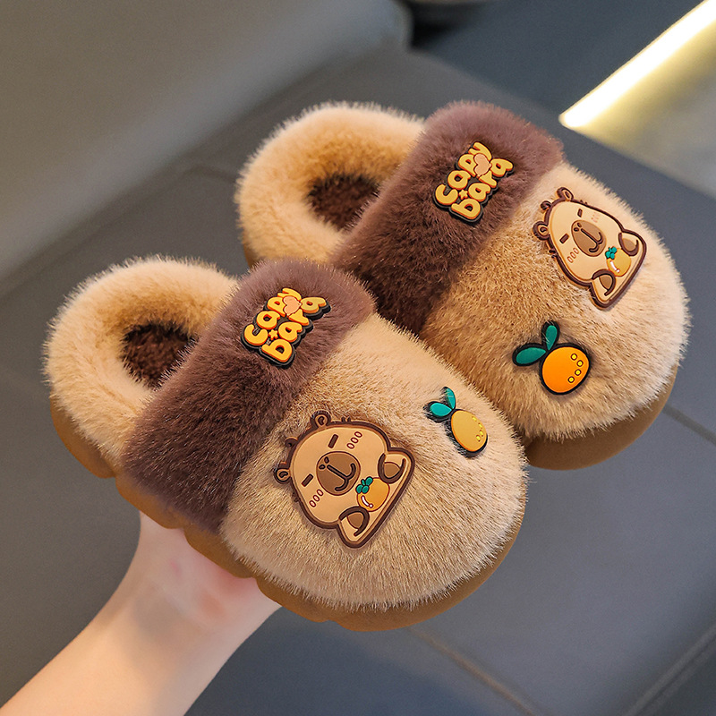 Capibara otoño y invierno zapatillas de algodón para niños, niños, niñas y niñas, calentamiento, peluche para padres e hijos, zapatos de algodón para niños, niños y niños.
